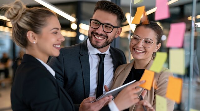 Colleagues collaborate enthusiastically using sticky notes and a tablet device in an office setting.