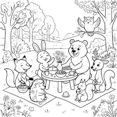 Fototapeta premium Woodland Animals Forest Tea Party Picnic Coloring Page