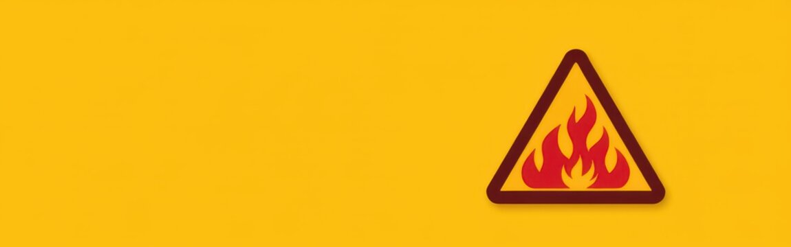 Yellow warning sign with flames symbol indicating fire hazard or flammable material.