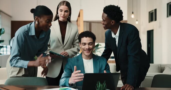 Finance, meeting or team in office with laptop, group feedback or discussion on budget analysis. Business, people or stats analyst in agency with tech, collaboration or forecasting on revenue report.