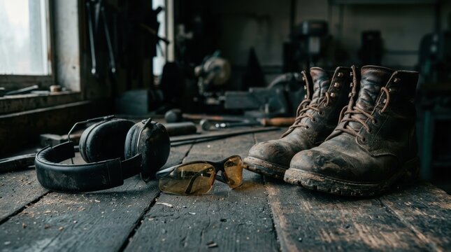 Work boots safety glasses and ear protection in a rustic workshop