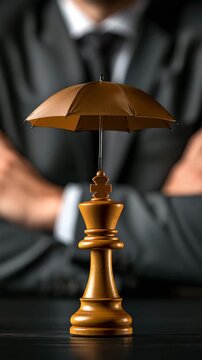 Businessman Shielding Chess King With Umbrella