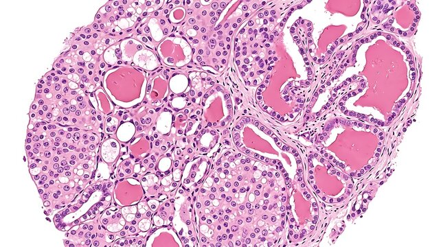 Microscopic view of secretory glandular tissue biopsy showing pink proteinaceous secretions