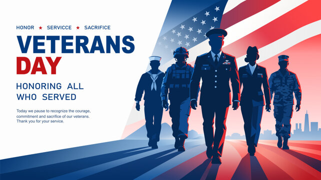 Veterans Day banner featuring diverse military service members walking in front of the American flag, honoring all who served with a patriotic blue and red design.