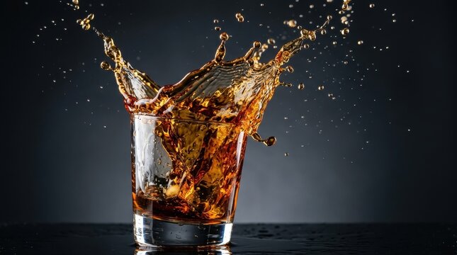 Dynamic Whiskey Splash in Glass Isolated on Dark Background High Speed Photography of Amber Liquid Splashing Out of Rocks Glass for Beverage