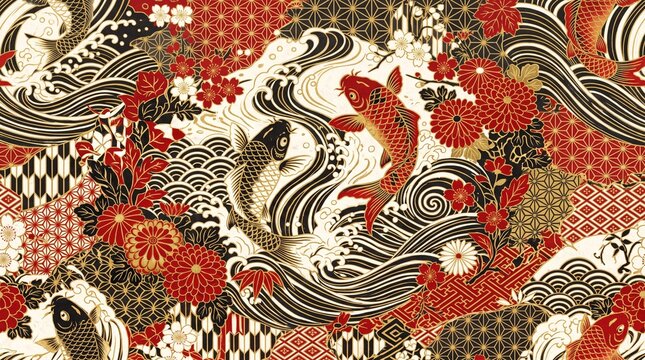 Japanese Koi Fish and Floral Pattern with Waves and Geometric Designs
