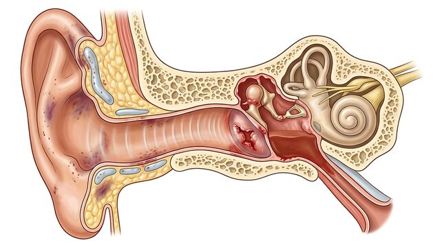 Anatomical cross section of human ear with ruptured tympanic membrane and middle ear hemorrhage