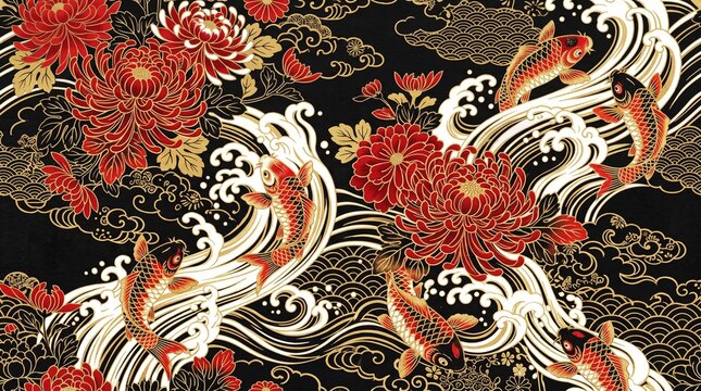 Japanese Koi Fish and Chrysanthemum Flowers Seamless Pattern in Red Gold and Black