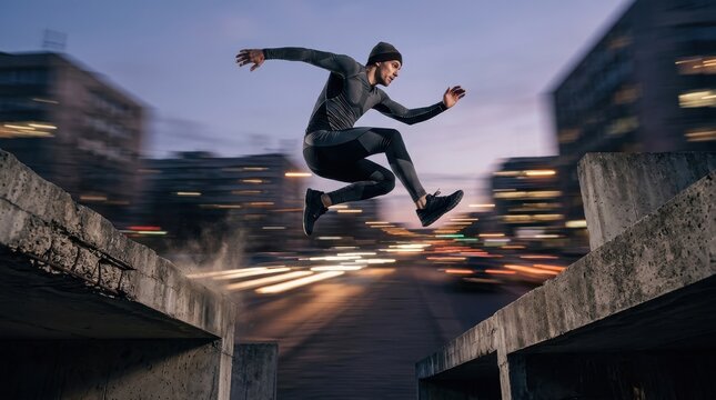 Dynamic young man in sportswear sprinting and jumping across concrete rooftops in the city with blurred urban traffic lights below during twilight