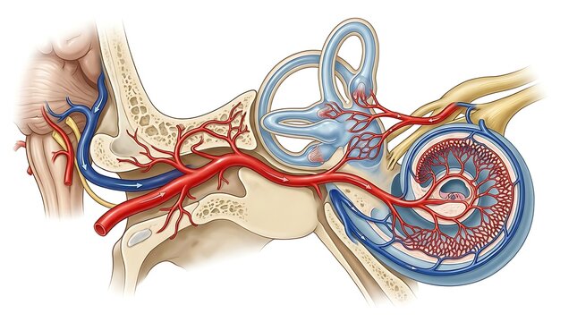 Medical illustration of blood circulation and perfusion through the outer middle and inner ear anatomy