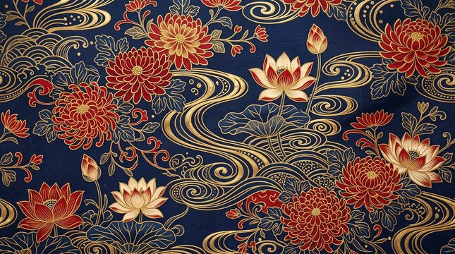 Traditional Japanese floral pattern with chrysanthemums and lotus flowers in gold and red on blue