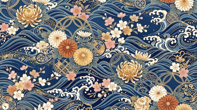 Japanese floral wave pattern with chrysanthemums and cherry blossoms in blue and gold