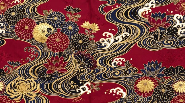 Traditional Japanese floral and wave pattern with gold accents on red