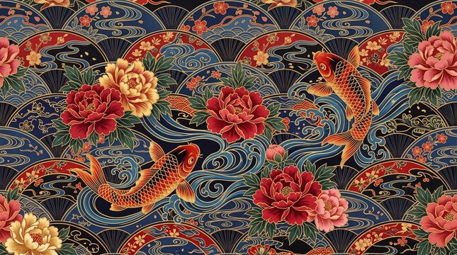 Japanese Koi Fish and Peony Flowers Seamless Pattern