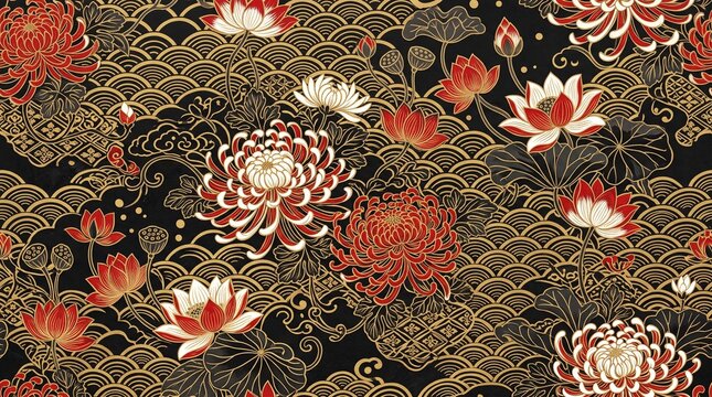 Elegant Japanese Chrysanthemum and Lotus Flower Pattern with Golden Waves