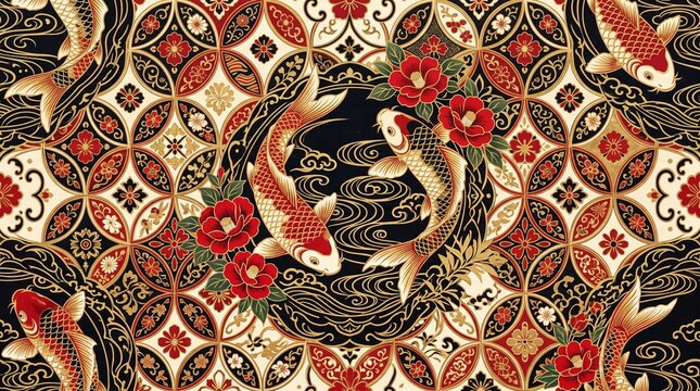 Traditional Japanese Koi Fish and Camellia Flowers Seamless Pattern