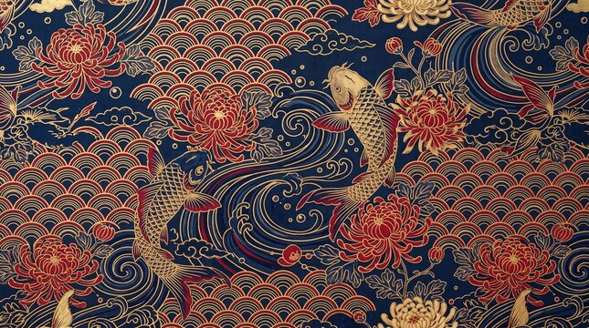 Japanese Koi Fish and Chrysanthemum Flowers Seamless Pattern