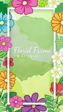 Vertical Animated Floral Frame Over Green Watercolor Background