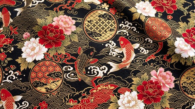 Japanese Fabric Pattern with Koi Fish Peonies and Traditional Motifs