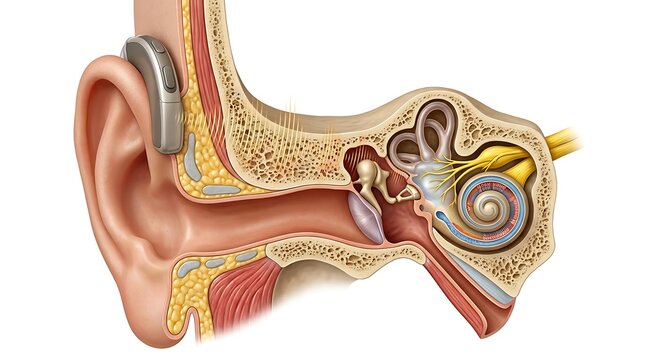 Diagram of a bone conduction hearing device bypassing the ear canal to the inner ear