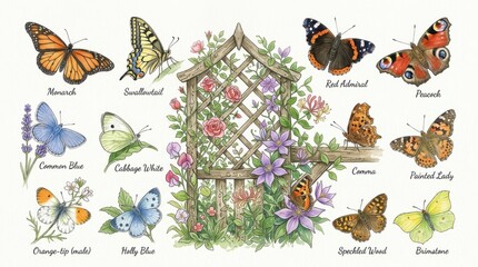 Obraz premium Educational Watercolor Illustration Set Featuring Various Butterfly Species And A Beautiful Garden Trellis With Blooming Flowers Perfect For Nature