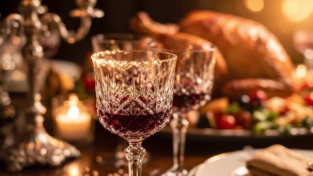 Crystal glasses with red wine stand on a festive holiday dining table next to a roasted turkey and glowing candles.