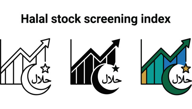 Halal stock screening index icon set representing islamic finance and sharia compliant investment growth with crescent moon and rising chart arrow on white surface.