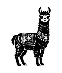 Fototapeta premium Black and white tribal illustration of a decorative llama standing in profile
