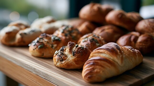 Freshly baked assortment of golden pastries and breads arranged on a rustic wooden surface with soft natural lighting