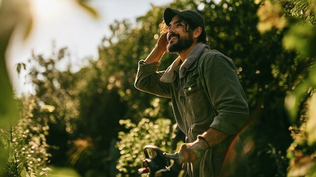 Portraits of young male landscapers and workers smiling as they tend to gardens or perform outdoor tasks
