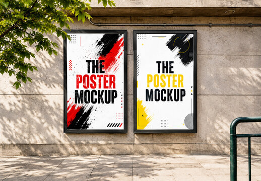 Double Vertical Outdoor Poster Mockup on Concrete Wall with Shadows