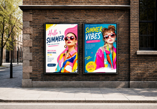 Double Vertical Outdoor Poster Mockup on Brick Wall