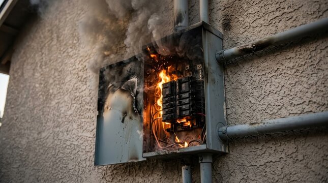 Electrical panel fire short circuit danger bursting into bright fierce flames and thick dark smoke mounted securely on a residential exterior stucco