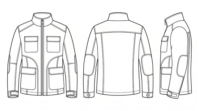 Technical Drawing of Men's Utility Field Jacket with Multi-Pockets, Front Back and Side Views Vector Sketch