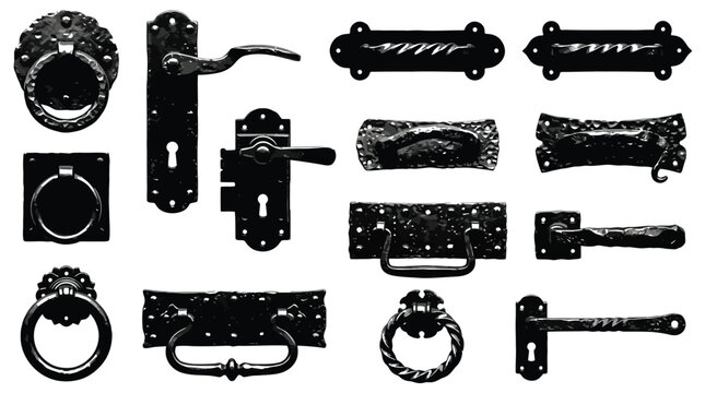 Collection of vintage wrought iron door handles and knockers featuring rustic black forged metal textures