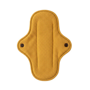 Reusable yellow fabric menstrual pad with a waffle texture and snap button closures for sustainable feminine hygiene on white background isolated on a transparent background