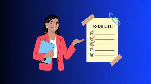 Business woman presenting a todo list with checkboxes on a blue gradient background