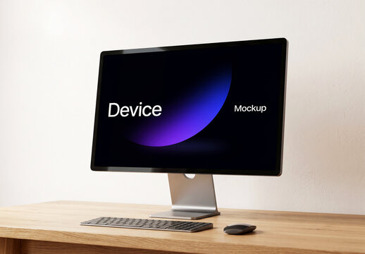 Modern Desktop Monitor Screen Mockup on Wood Desk