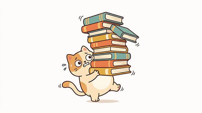 Orange spotted cartoon cat struggling to carry tall stack of colorful textbooks over white background for educational student stress themes.