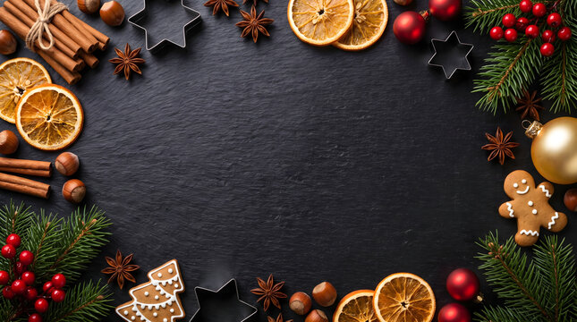 Festive Christmas Frame with Gingerbread Cookies, Dried Oranges, and Fir Branches on Black Slate