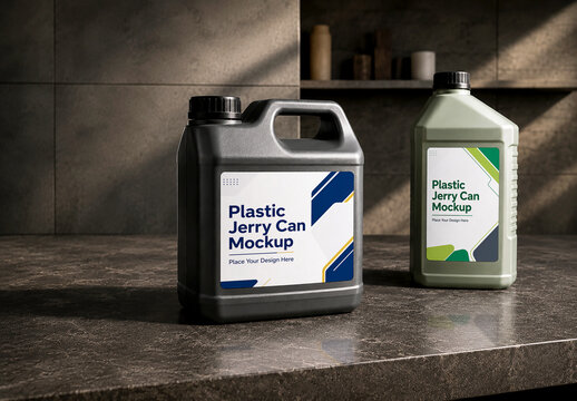Plastic Jerry Can Packaging Mockup on Dark Stone Surface