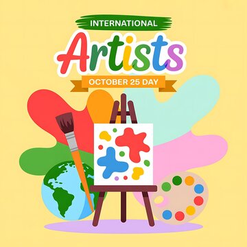 International artists day celebration poster with easel, paintbrush, palette, and globe on yellow background