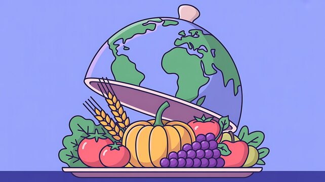 World food day illustration with a globe serving dish containing various fresh vegetables and fruits