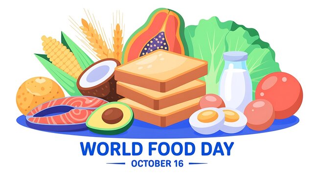 World food day celebration poster with assorted healthy food items including bread, fish, eggs, and vegetables