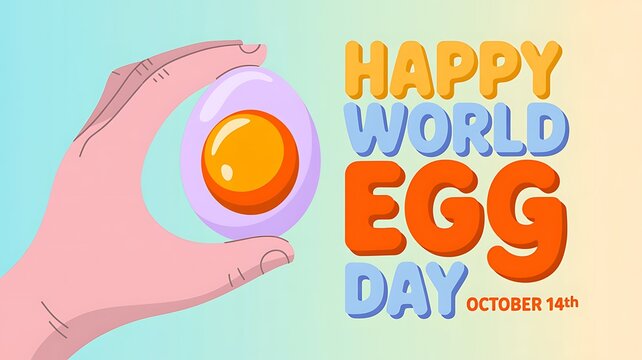 Happy world egg day illustration with a hand holding a boiled egg, october 14th