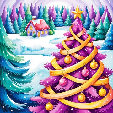Vibrant purple christmas tree decorated with gold ribbons and ornaments in a snowy winter forest landscape with a cottage