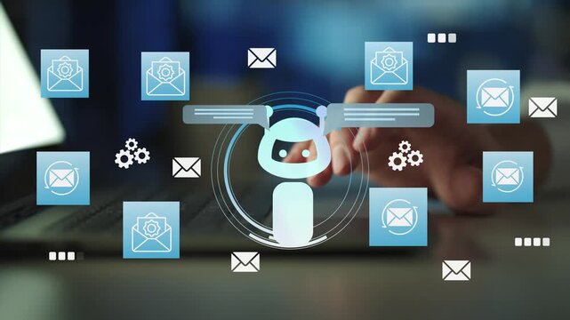AI email assistant and smart inbox automation concept. chatbot, mail icons, messages, envelopes, auto reply, email generator, inbox management, customer communication