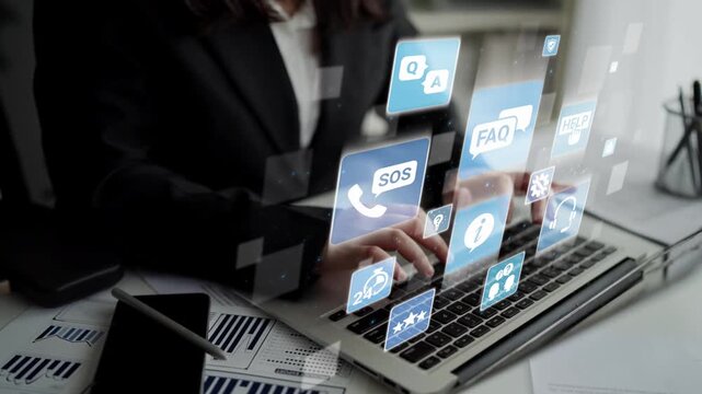 FAQ and online help icons show question, answer, and support system. FAQ improves online help experience, customer service quality, and FAQ knowledge access. Funnel