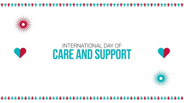 International day of care and support banner with colorful hand icons and heart symbols