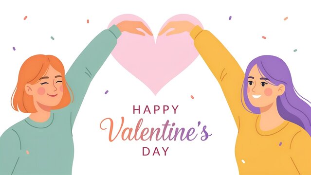 Happy valentines day illustration with two women forming a heart shape with their hands